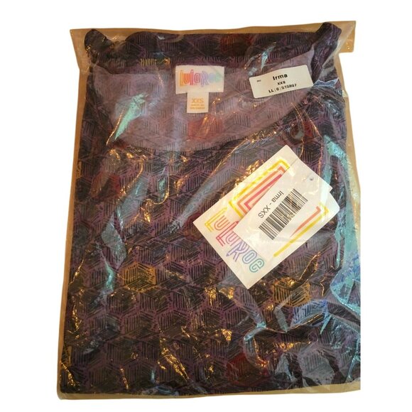 LuLaRoe Irma XXS Purple Geometric Print Short Sleeve Tunic Top Hi Low Hem - Picture 9 of 10